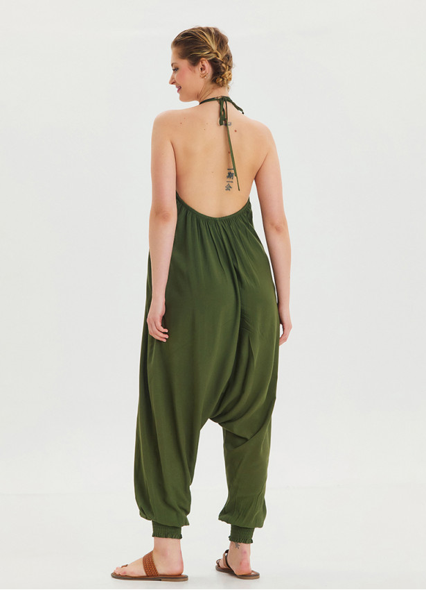 Khaki Bohemian Jumpsuit with Elasticated Legs and Tied Neck 4483